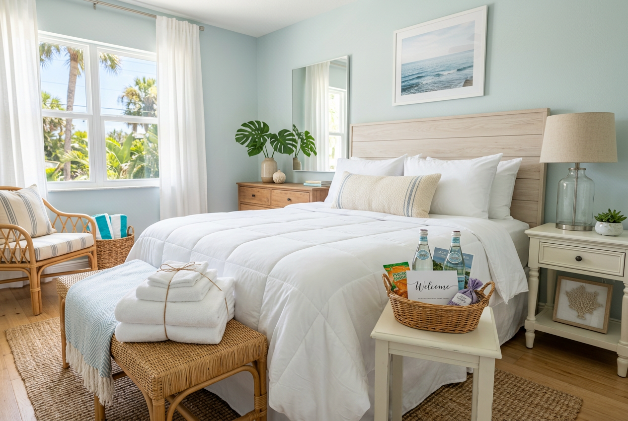 Freshly staged Airbnb bedroom with crisp linens and folded towels