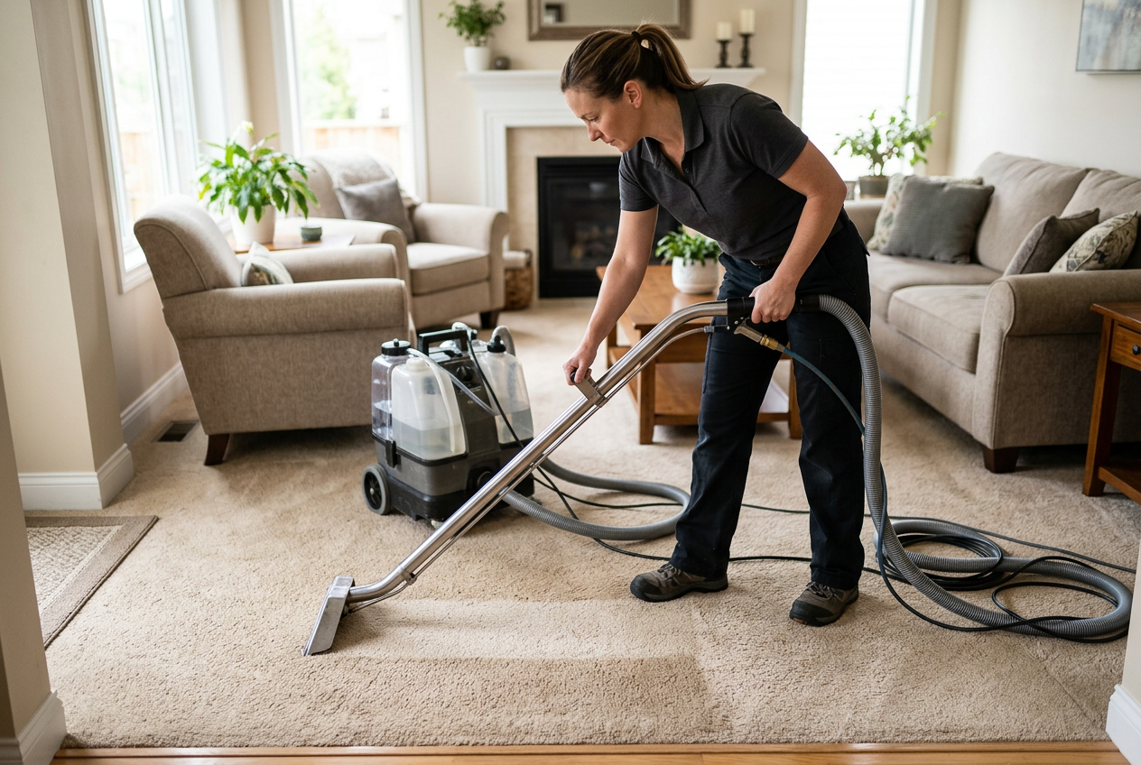 Professional carpet cleaning machine extracting dirt from living room carpet