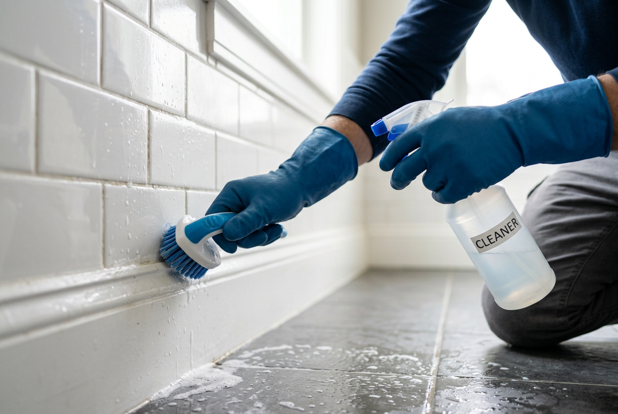 Close-up of a cleaner scrubbing tile and baseboards during a deep cleaning service