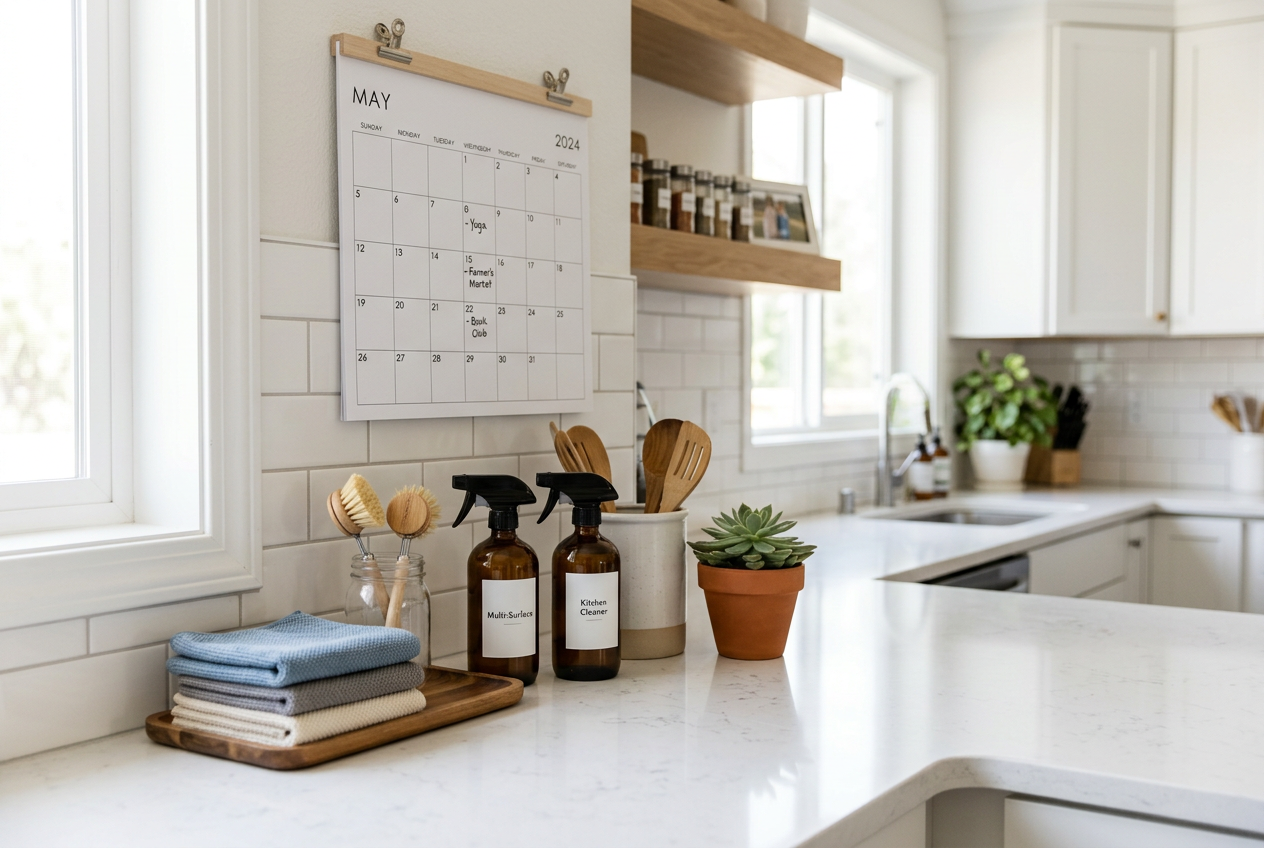 Organized kitchen counter with cleaning supplies and a wall calendar representing monthly cleaning
