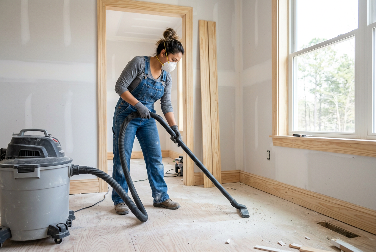 Worker vacuuming dust and debris in a newly built room after construction