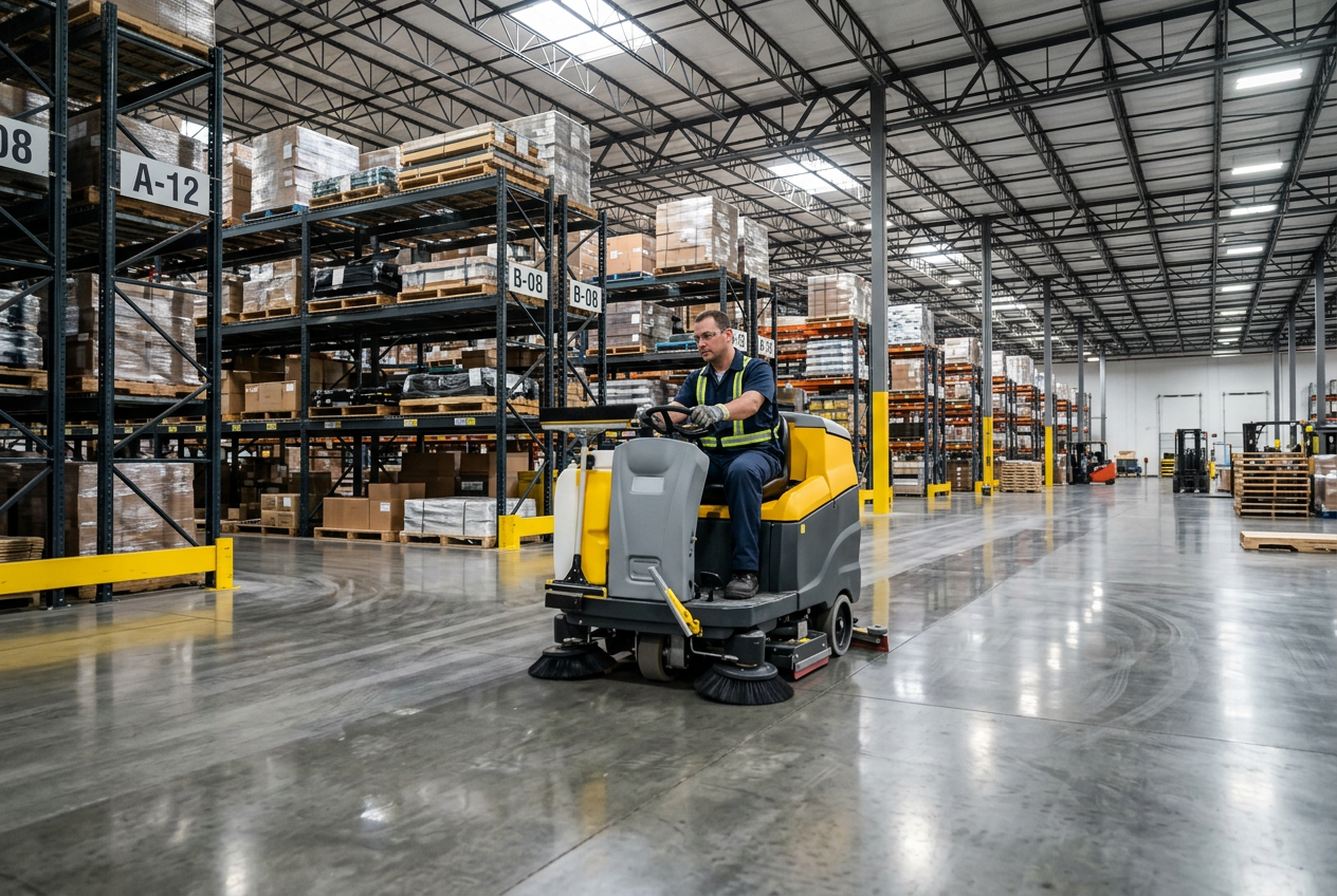 Industrial floor scrubber cleaning polished concrete in a large warehouse