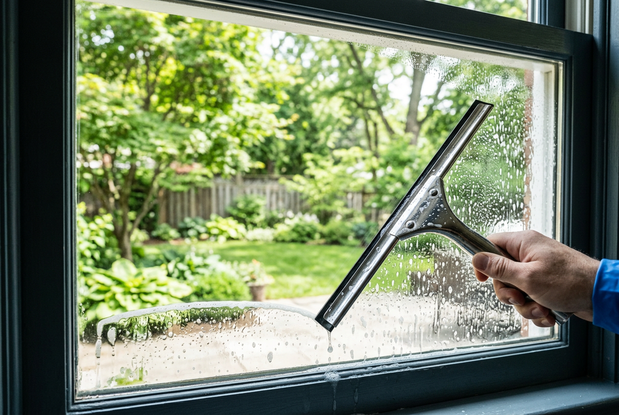 Window cleaning squeegee clearing soap from a residential window